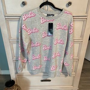 Barbie Grey Crewneck Sweatshirt  Allover Pink Print Trendy movie Y2K NWT size  M